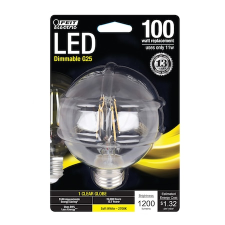 Feit Electric Feit G25 E26 (Medium) Filament LED Bulb Soft White 100 Watt Equivalence 1 pk BPG25100927CAFI